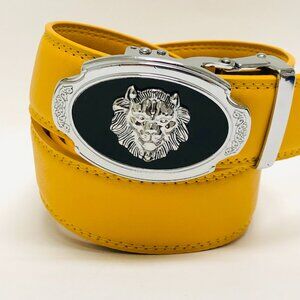 Mustard Yellow Belt Women Men Gold Automatic Buckle Slide Belt Leather Lion Head